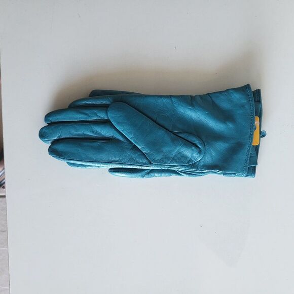 Tory Burch Women's Teal Green Leather Bow Pleated Gloves Size 6.5 - Picture 8 of 10
